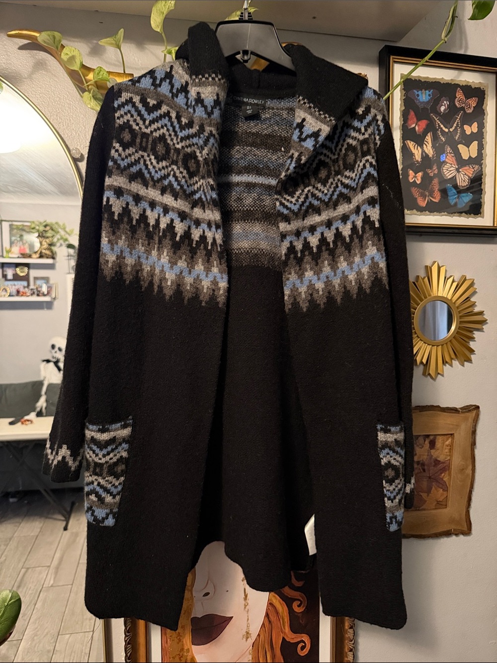 Black & Blue Fair Isle Open Cardigan Sweater